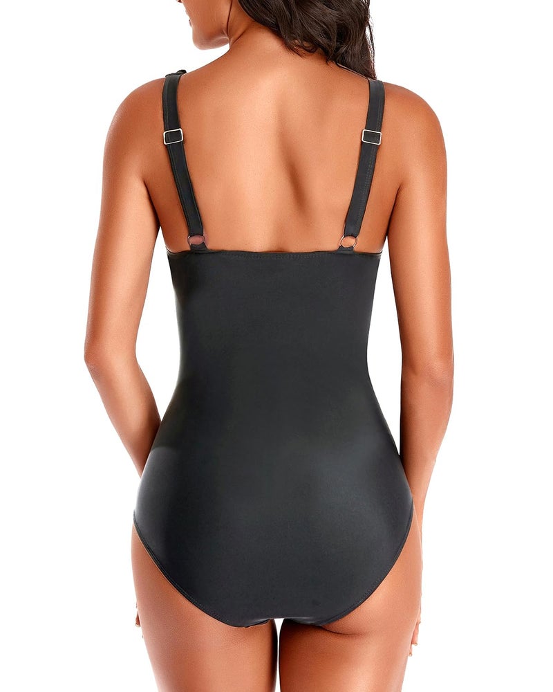 Holipick Women Black One Piece Swimsuits Tummy Control Bathing Suit Ruffle V Neck Swimwear Slimming for Teen Girls X-Large - Image 5